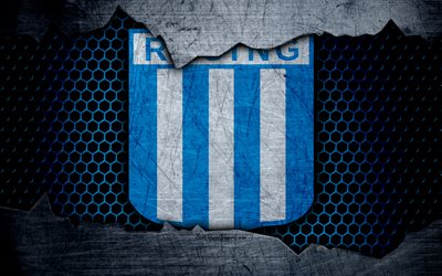 Racing Club, 4k, Superliga, logo, grunge, Argentina, soccer, football club, metal texture, art, Argentinos Racing Club FC