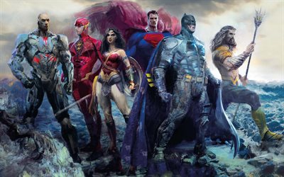 Justice League en 2017, d&#39;art, d&#39;affiches, de super h&#233;ros, de personnages, de DC Comics, Cyborg, Aquaman, Wonder Woman, Superman, Batman, Flash