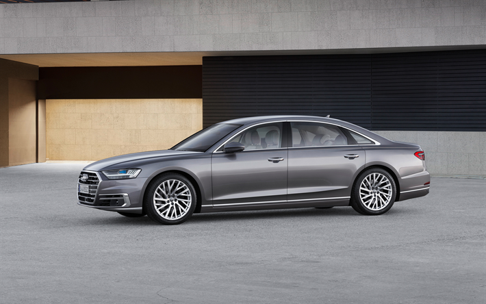 Audi A8, 2018, 4k, luxury sedan, new cars, silver A8, German cars, Audi