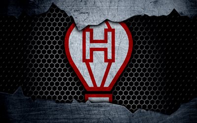 Huracan, 4k, Superliga, logo, grunge, Argentina, soccer, football club, metal texture, art, Huracan FC