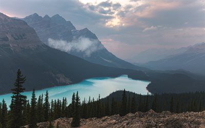 O Lago Moraine, lago de montanha, lago glacial, floresta, montanhas, Banff, Alberta, Canada, paisagem de montanha