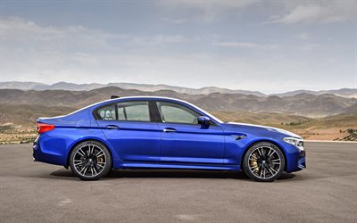 BMW M5, 2018, side view, blue m5, new m5, sedan, German cars, BMW