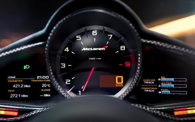 McLaren, 4k, cruscotto, indicatori, contagiri