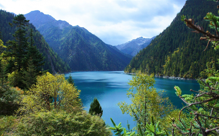lago de monta&#241;a, paisaje de monta&#241;a, bosque, monta&#241;as, China, el Parque Nacional de Jiuzhaigou
