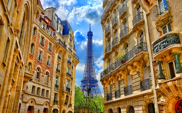 Paris, sommar, Eiffeltornet, street, gamla byggnader, franska landm&#228;rken, Frankrike