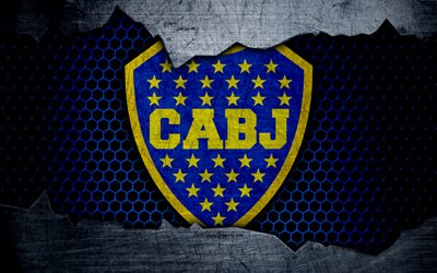 Boca Juniors, 4k, Superliga, logotipo, grunge, Argentina, f&#250;tbol, club de f&#250;tbol, de metal textura, el arte, la Boca Juniors FC
