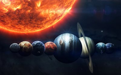 Mercury, Venus, Earth, Mars, Jupiter, Saturn, Uranus, Neptune, sun, planets parade, galaxy