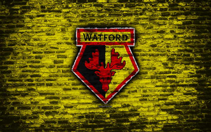 Watford FC, el logotipo, el amarillo de la pared de ladrillo, de la Premier League, el club de f&#250;tbol ingl&#233;s, f&#250;tbol, textura de ladrillo, Watford, Inglaterra