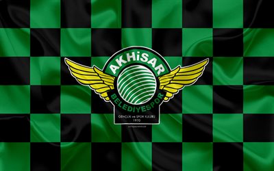 Akhisar Belediyespor, 4k, logo, creative art, green black checkered flag, Turkish football club, emblem, silk texture, Akhisar, Turkey, Akhisar Genclik Spor