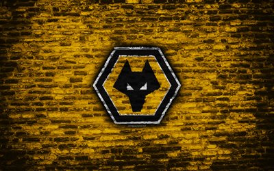 O Wolverhampton Wanderers FC, logo, amarelo parede de tijolos, Premier League, Clube de futebol ingl&#234;s, futebol, textura de tijolos, Wolverhampton, Inglaterra