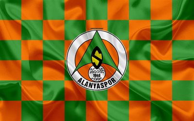 Alanyaspor, 4k, logo, arte criativa, verde laranja bandeira quadriculada, Turco futebol clube, emblema, textura de seda, Alanya, A turquia