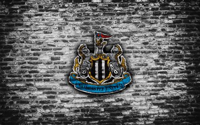 Newcastle United FC, logo, white brick wall, Premier League, English football club, soccer, football, brick texture, Newcastle upon Tyne, England