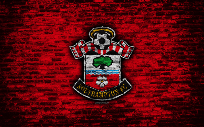 Southampton FC, logo, sarı tuğla duvar, UEFA Şampiyonlar Ligi, İngiliz Futbol Kul&#252;b&#252;, futbol, Aziz, tuğla doku, Southampton, İngiltere