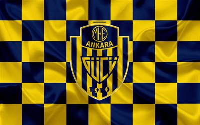 MKE Ankaragucu, 4k, logo, art cr&#233;atif, bleu, jaune drapeau &#224; damier, turc, club de football, embl&#232;me de la, soie, texture, Ankara, Turquie