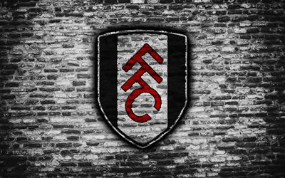 Fulham FC, logo, o branco da parede de tijolo, Premier League, Clube de futebol ingl&#234;s, futebol, Os Cottagers, textura de tijolos, Fulham, Inglaterra