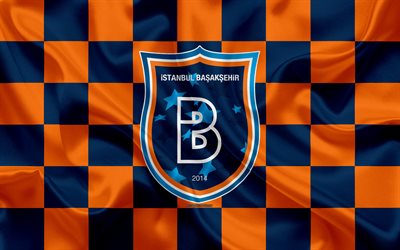 Istanbul Basaksehir, 4k, logo, creative art, orange blue checkered flag, Turkish football club, emblem, silk texture, Istanbul, Turkey