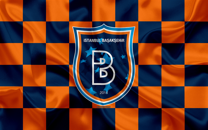 istanbul basaksehir, 4k, logo, kreative kunst -, orange-blau karierten flagge, t&#252;rkische fu&#223;ball-club, emblem, seide textur, istanbul, t&#252;rkei