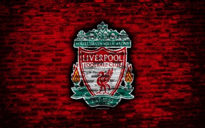 Liverpool FC, logo, red brick wall, Premier League, English football club, soccer, football, The Reds, brick texture, Liverpool, England
