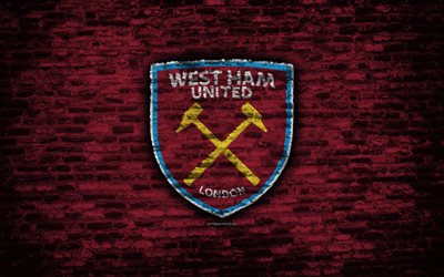 West Ham United FC, logo, maroon brick wall, Premier League, English football club, soccer, football, The Irons, brick texture, Stratford, England