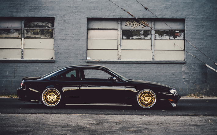 Nissan 240SX, black sports coupe, tuning 240SX, bronze wheels, Japanese cars, Stance Tuning, Nissan