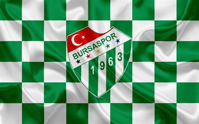 Bursaspor, 4k, logo, creative art, vihre&#228; valkoinen ruudullinen lippu, Turkkilainen jalkapalloseura, tunnus, silkki tekstuuri, Bursa, Turkki