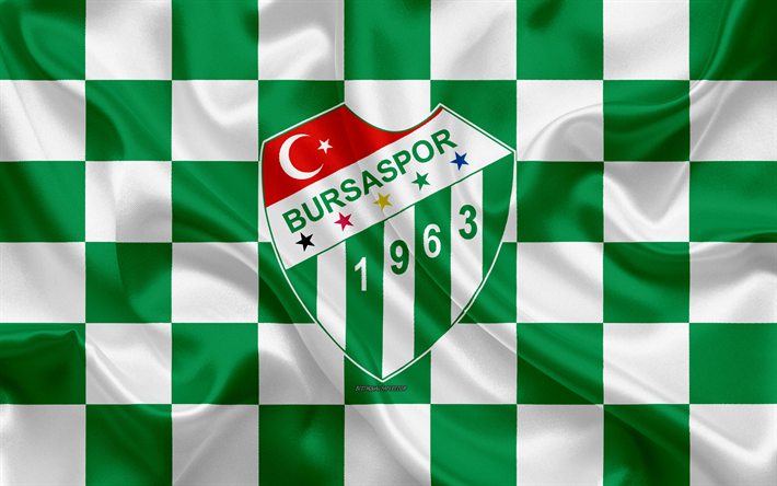 Bursaspor, 4k, logo, art cr&#233;atif, vert, blanc drapeau &#224; damier, turc, club de football, embl&#232;me de la, soie, texture, Bursa, Turquie