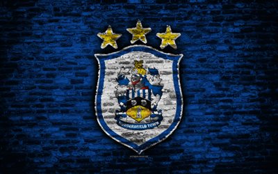 Huddersfield Town FC, logo, bleu, mur de briques, Premier League, le club de football anglais, le soccer, le football, Le Terrier, la texture de brique, Huddersfield, en Angleterre