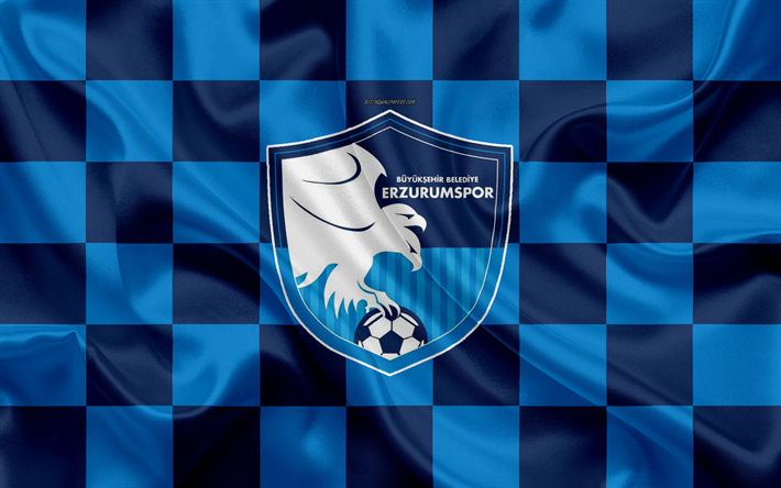 Buyuksehir Belediye Erzurumspor, 4k, logo, creative art, blue black checkered flag, Turkish football club, emblem, silk texture, Erzurum, Turkey, Erzurum BB