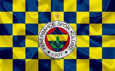 Fenerbahce, 4k, logo, creativo, arte, giallo-blu bandiera a scacchi, squadra di calcio turco, emblema, seta, texture, Istanbul, Turchia