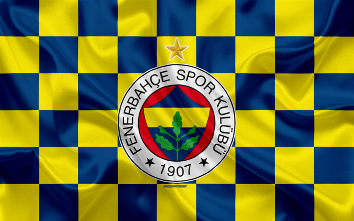 Fenerbahce, 4k, logo, arte criativa, amarelo-azul bandeira quadriculada, Turco futebol clube, emblema, textura de seda, Istambul, A turquia