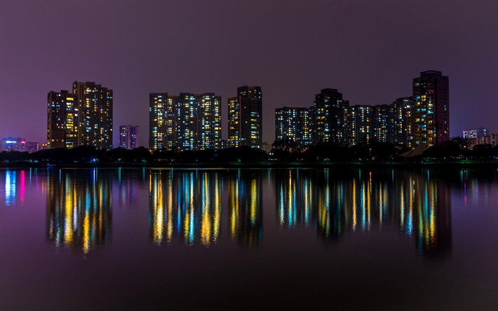 Guangzhou, gece, şehir, &#199;in, g&#246;kdelenler, ufuk &#231;izgisi