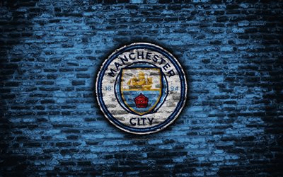 Manchester City FC, logo, blur brick wall, Premier League, English football club, soccer, football, The Citizens, brick texture, Manchester, England