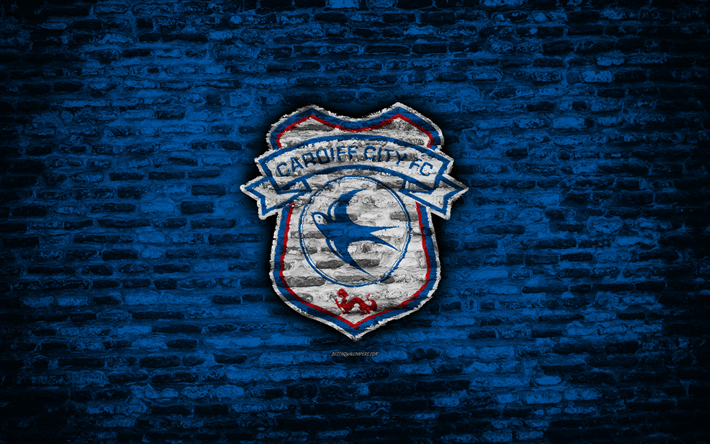 Cardiff City FC, logo, blue brick wall, Premier League, English football club, soccer, football, The Bluebirds, brick texture, Cardiff, England
