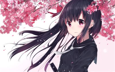 anime karakt&#228;rer, konst, sakura, tr&#228;dg&#229;rd, rosa blommor, japansk manga