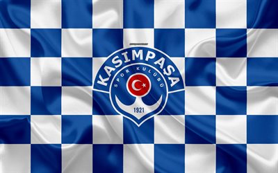 Kasimpasa SK, 4k, logo, creative art, blue white checkered flag, Turkish football club, emblem, silk texture, Istanbul, Turkey