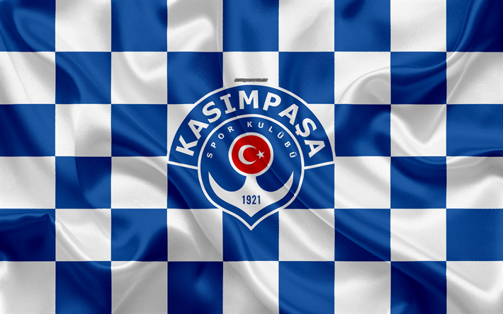 Kasimpasa SK, 4k, logo, creativo, arte, blu, bianco, bandiera a scacchi, squadra di calcio turco, emblema, seta, texture, Istanbul, Turchia
