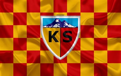 Kayserispor, 4k, logo, creative art, red yellow checkered flag, Turkish football club, emblem, silk texture, Kayseri, Turkey
