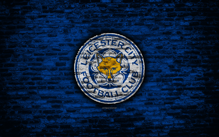 leicester city fc, logo, blaue mauer, premier league, englischer fu&#223;ballverein, fu&#223;ball, fu&#223;ball -, f&#252;chse -, ziegel-textur, leicester, england