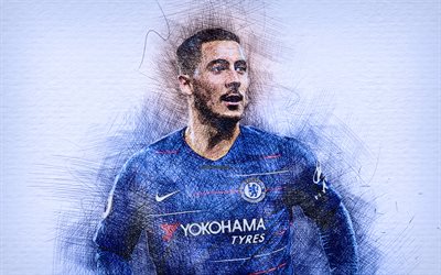 Eden Hazard, close-up, Chelsea, fotboll, Premier League, Risk, belgisk fotbollsspelare, ritning Fara, konstverk