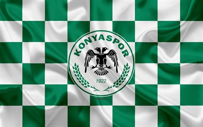 Konyaspor FC, 4k, logotipo, arte creativo, verde blanco de la bandera a cuadros, turco, club de f&#250;tbol, el emblema, la seda textura, Konya, Turqu&#237;a