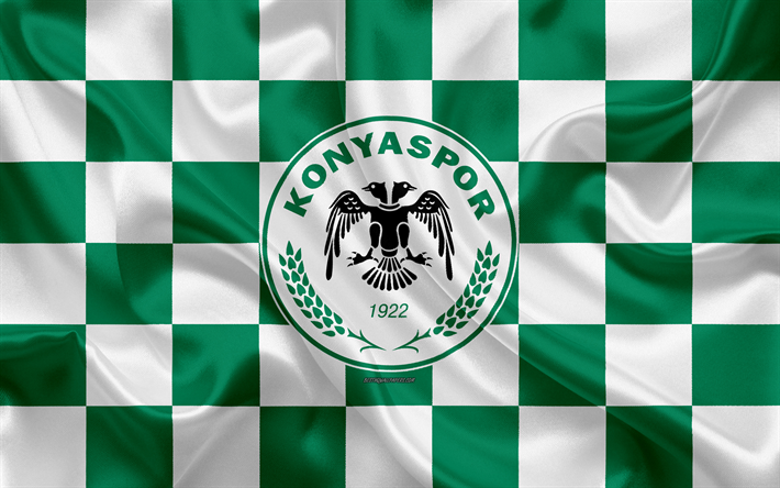 Syrianska FC, 4k, logo, creative art, vihre&#228; valkoinen ruudullinen lippu, Turkkilainen jalkapalloseura, tunnus, silkki tekstuuri, Konya, Turkki
