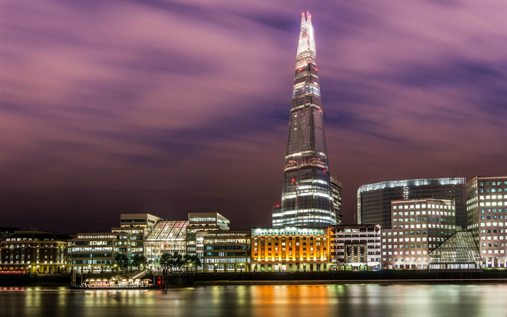 El Shard, Londres, noche, rascacielos, centros de negocios, la arquitectura moderna, Inglaterra, Gran Breta&#241;a