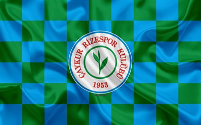 Caykur Rizespor, 4k, logo, art cr&#233;atif, vert, bleu drapeau &#224; damier, turc, club de football, l&#39;embl&#232;me, la texture de la soie, de la Rize, Turquie