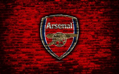 Arsenal FC, logo, red brick wall, Premier League, English football club, soccer, football, The Gunners, brick texture, London, England