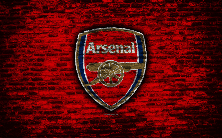 O Arsenal FC, logo, parede de tijolo vermelho, Premier League, Clube de futebol ingl&#234;s, futebol, Os Artilheiros, textura de tijolos, Londres, Inglaterra
