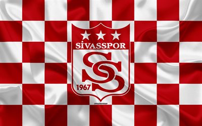 Sivasspor, 4k, logo, creative art, punainen valkoinen ruudullinen lippu, Turkkilainen jalkapalloseura, tunnus, silkki tekstuuri, Sivas, Turkki