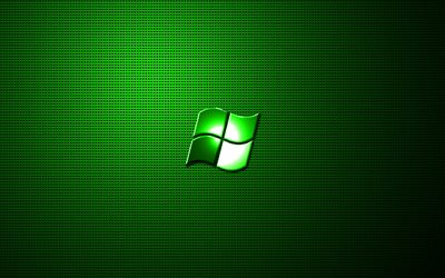Windows logo verde, illustrazione, metallo, griglia di sfondo, il logo di Windows, creativo, Windows, Windows logo in metallo