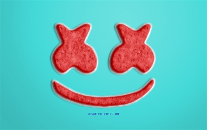 الأحمر Marshmello الفراء شعار, الفيروز الخلفية, Marshmello شعار 3D, الإبداعية الفراء الفن, Marshmello شعار, أمريكا دي جي, Marshmello