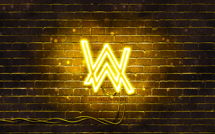 4k, Alan Walker giallo logo, superstar, giallo, muro di mattoni, logo Alan Walker, Alan Walker, Olav, musica, stelle, logo, neon