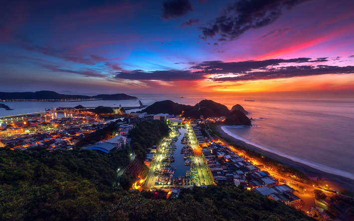 Taitung, Taiw&#225;n, tarde, puesta de sol, costa del oc&#233;ano, Oc&#233;ano Pac&#237;fico, paisaje urbano de Taitung